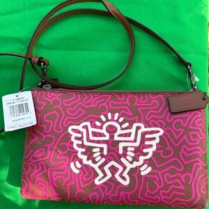 NWT Coach x Keith Haring Pink and Brown Graphic Lyla Crossbody Leather Bag